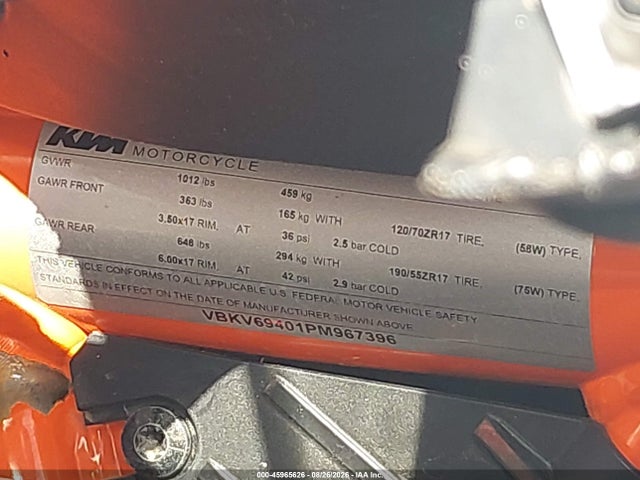 45965626 :رقم المزاد ، VBKV69401PM967396 vin ، 2023 Ktm 1290 Super Duke Gt مزاد بيع