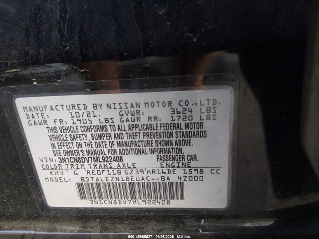3N1CN8DV7ML922408 Nissan Versa S Xtronic Cvt