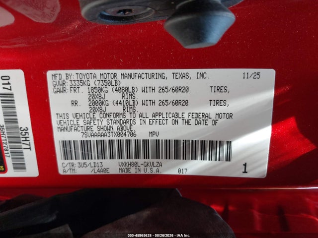 2026 Toyota Sequoia Limited მანქანა იყიდება აუქციონზე, vin: 7SVAAAAA3TX004706, აუქციონის ნომერი: 45965628