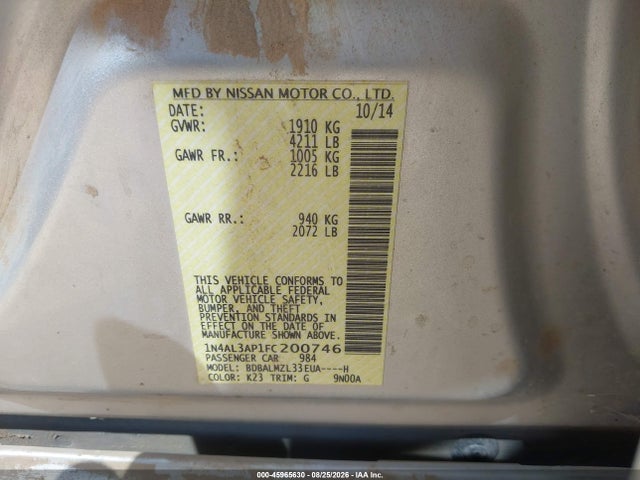 Nissan Altima 2.5 Sv 2015 1N4AL3AP1FC200746 Image 9