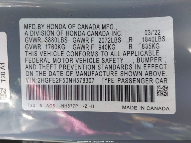 Honda Civic Sport 2022 2HGFE2F50NH578307 Image 9