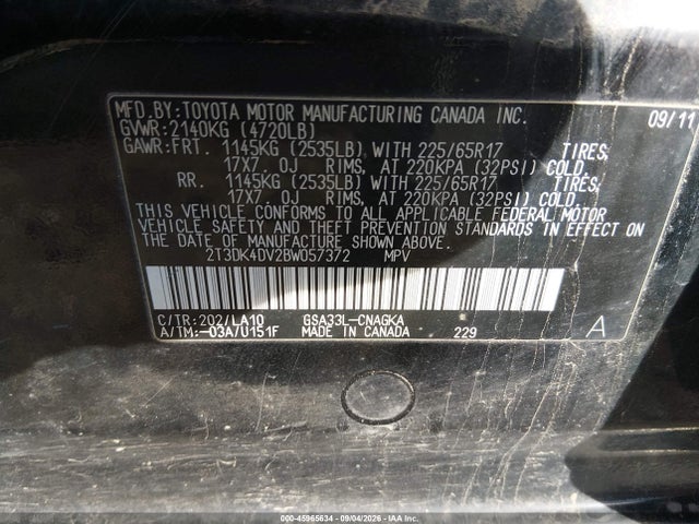 Продажа на аукционе авто 2011 Toyota Rav4 Limited V6, vin: 2T3DK4DV2BW057372, номер лота: 45965634