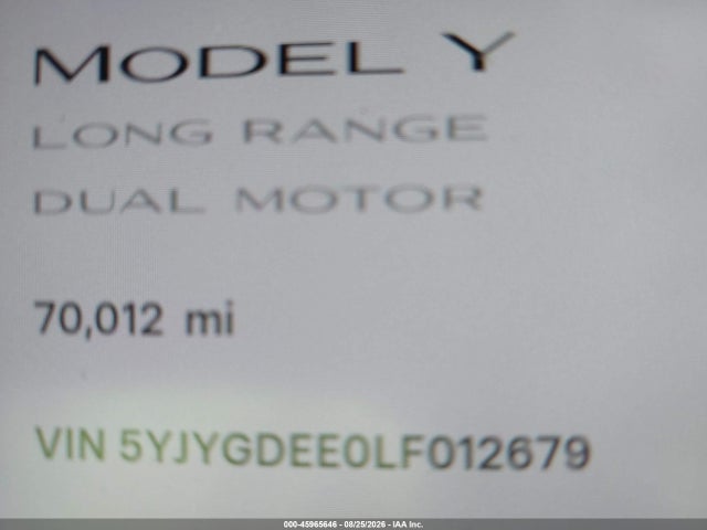 45965646 :رقم المزاد ، 5YJYGDEE0LF012679 vin ، 2020 Tesla Model Y Long Range Dual Motor All-wheel Drive مزاد بيع