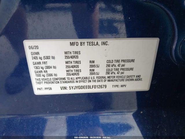 45965646 :رقم المزاد ، 5YJYGDEE0LF012679 vin ، 2020 Tesla Model Y Long Range Dual Motor All-wheel Drive مزاد بيع