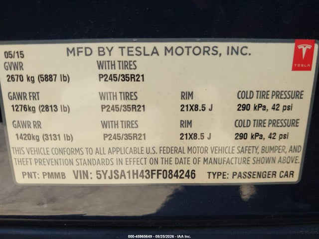 5YJSA1H43FF084246 Tesla Model S 85d/p85d