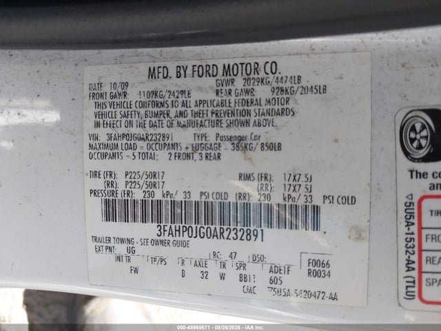 45965671 :رقم المزاد ، 3FAHP0JG0AR232891 vin ، 2010 Ford Fusion Sel مزاد بيع