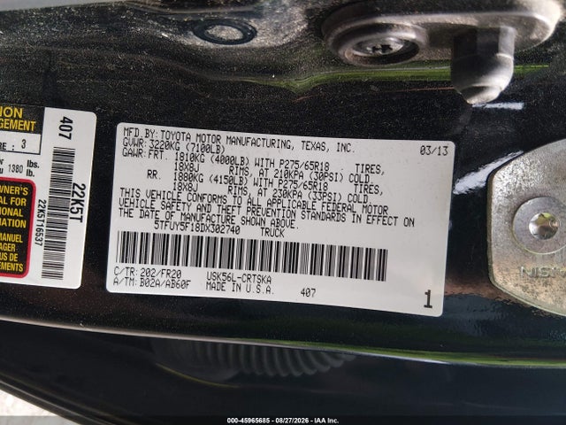 Продаж на аукціоні авто 2013 Toyota Tundra Grade 5.7l V8, vin: 5TFUY5F18DX302740, номер лоту: 45965685