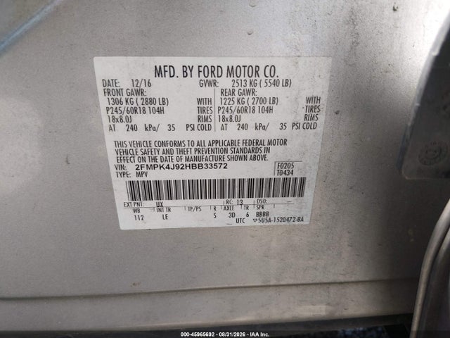 Продаж на аукціоні авто 2017 Ford Edge Sel, vin: 2FMPK4J92HBB33572, номер лоту: 45965692