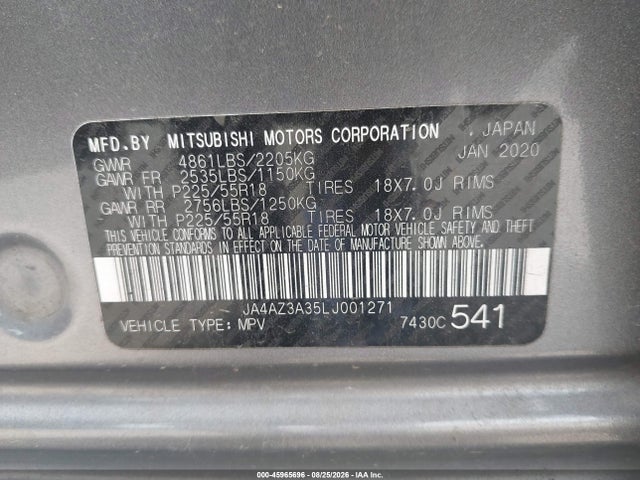 45965696 :رقم المزاد ، JA4AZ3A35LJ001271 vin ، 2020 Mitsubishi Outlander Sel 2.4 S-awc مزاد بيع