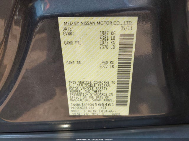 45965707 :رقم المزاد ، 1N4BL3AP9DN566461 vin ، 2013 Nissan Altima 3.5 Sv مزاد بيع