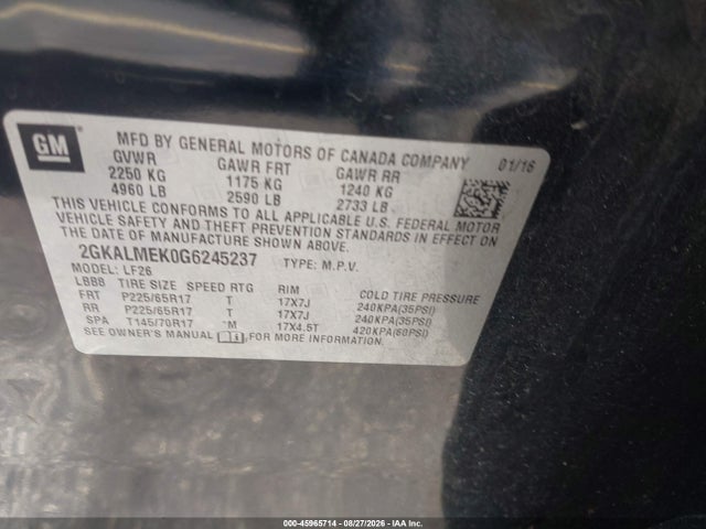 Aukcja sprzedaży 2016 Gmc Terrain Sle-1, vin: 2GKALMEK0G6245237, numer aukcji: 45965714