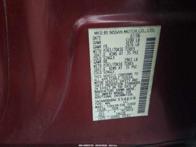 Aukcja sprzedaży 2006 Nissan Xterra S, vin: 5N1AN08U86C554659, numer aukcji: 45965726