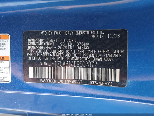 2014 Subaru Brz Premium მანქანა იყიდება აუქციონზე, vin: JF1ZCAB14E9602872, აუქციონის ნომერი: 45965728