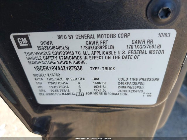 2004 Chevrolet Silverado 1500 მანქანა იყიდება აუქციონზე, vin: 1GCEK19V44Z187930, აუქციონის ნომერი: 45965734