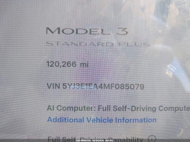 Продажа на аукционе авто 2021 Tesla Model 3 Standard Range Plus Rear-wheel Drive, vin: 5YJ3E1EA4MF085079, номер лота: 45965750