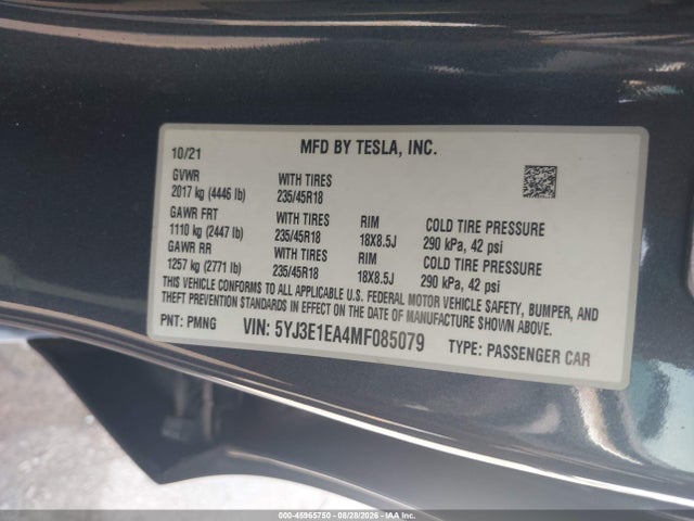 Продажа на аукционе авто 2021 Tesla Model 3 Standard Range Plus Rear-wheel Drive, vin: 5YJ3E1EA4MF085079, номер лота: 45965750