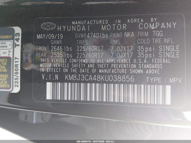 Auction sale of the 2019 Hyundai Tucson Value, vin: KM8J3CA48KU038856, lot number: 45965753