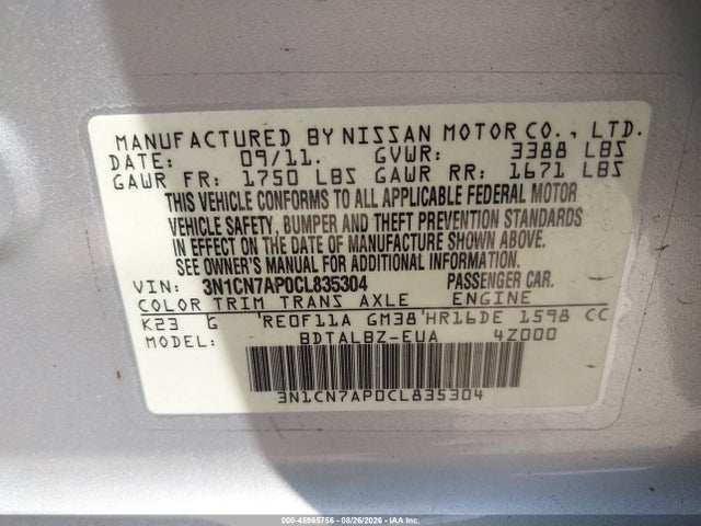 Продажа на аукционе авто 2012 Nissan Versa 1.6 Sv, vin: 3N1CN7AP0CL835304, номер лота: 45965756