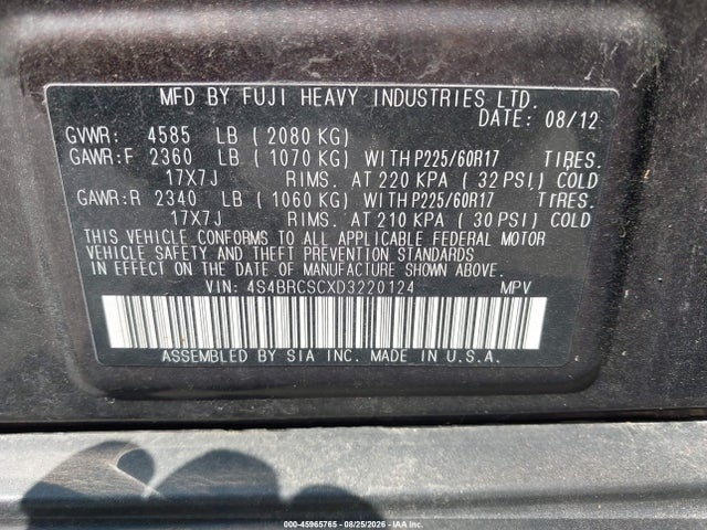 Aukcja sprzedaży 2013 Subaru Outback 2.5i Limited, vin: 4S4BRCSCXD3220124, numer aukcji: 45965765