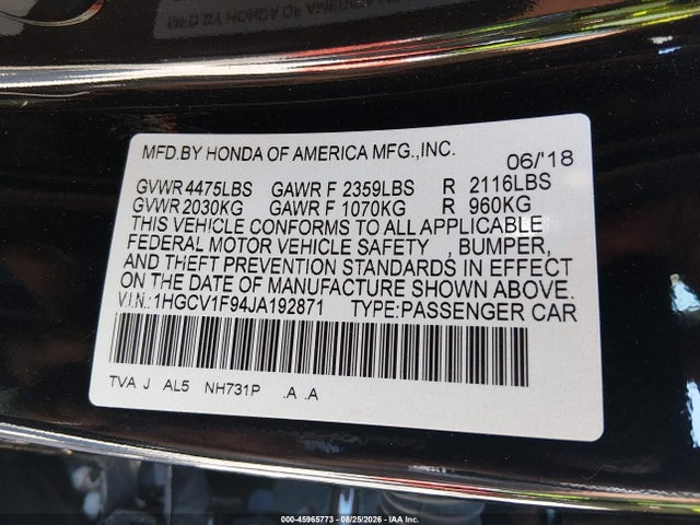 Honda Accord Touring 2018 1HGCV1F94JA192871 Image 9