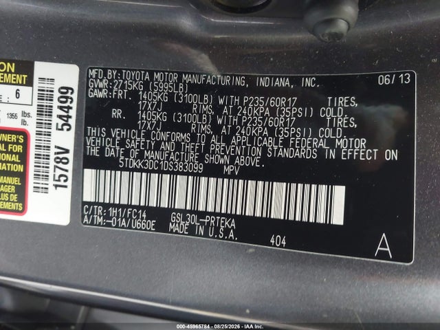 45965784 :رقم المزاد ، 5TDKK3DC1DS383099 vin ، 2013 Toyota Sienna Le V6 8 Passenger مزاد بيع