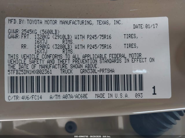 45965785 :رقم المزاد ، 5TFBZ5DN1HX002361 vin ، 2017 Toyota Tacoma Sr5 مزاد بيع