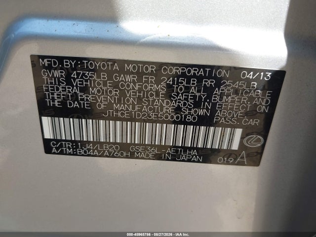 Aukcja sprzedaży 2014 Lexus Is 350, vin: JTHCE1D23E5000180, numer aukcji: 45965786