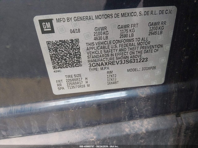 2018 Chevrolet Equinox Ls მანქანა იყიდება აუქციონზე, vin: 3GNAXREV3JS631223, აუქციონის ნომერი: 45965787