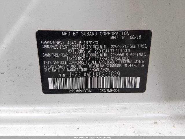 45965794 :رقم المزاد ، JF2GTAMC8K8233839 vin ، 2019 Subaru Crosstrek 2.0i Limited مزاد بيع