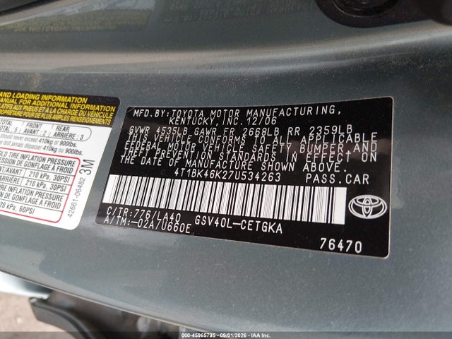 2007 Toyota Camry Xle V6 მანქანა იყიდება აუქციონზე, vin: 4T1BK46K27U534263, აუქციონის ნომერი: 45965795