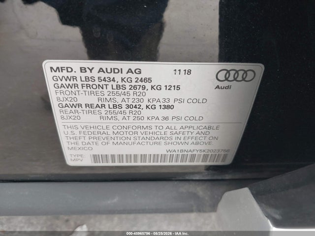 2019 Audi Q5 45 Premium მანქანა იყიდება აუქციონზე, vin: WA1BNAFY5K2023756, აუქციონის ნომერი: 45965796