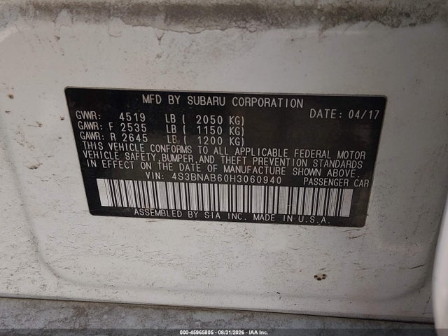 Aukcja sprzedaży 2017 Subaru Legacy 2.5i, vin: 4S3BNAB60H3060940, numer aukcji: 45965805