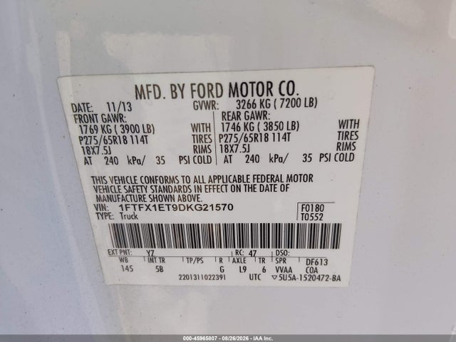 2013 Ford F-150 Fx4 მანქანა იყიდება აუქციონზე, vin: 1FTFX1ET9DKG21570, აუქციონის ნომერი: 45965807