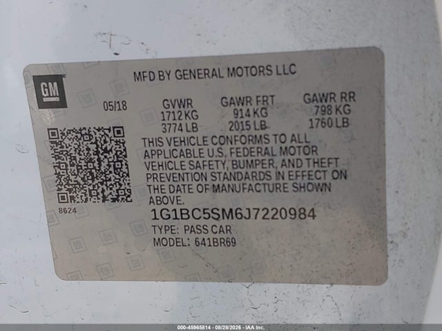 Продажа на аукционе авто 2018 Chevrolet Cruze Ls Auto, vin: 1G1BC5SM6J7220984, номер лота: 45965814