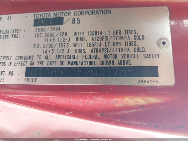 45965827 :رقم المزاد ، JT4RN55E2G0175533 vin ، 1986 Toyota Pickup 1 Ton Long Bed Rn55 مزاد بيع