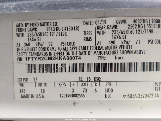 45965840 :رقم المزاد ، 1FTYR2CM2KKA88074 vin ، 2019 Ford Transit-250 مزاد بيع