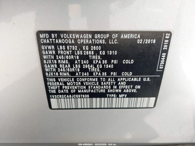 45965841 :رقم المزاد ، 1V2CR2CA8JC557935 vin ، 2018 Volkswagen Atlas 3.6l V6 Se مزاد بيع