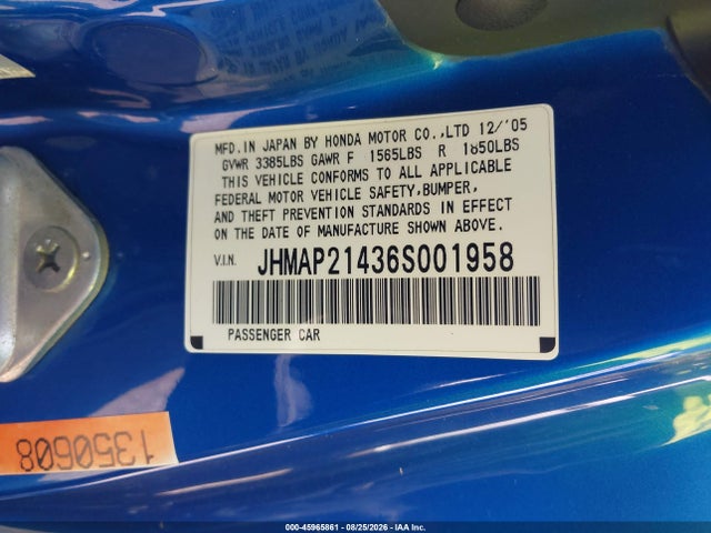 45965861 :رقم المزاد ، JHMAP21436S001958 vin ، 2006 Honda S2000 مزاد بيع
