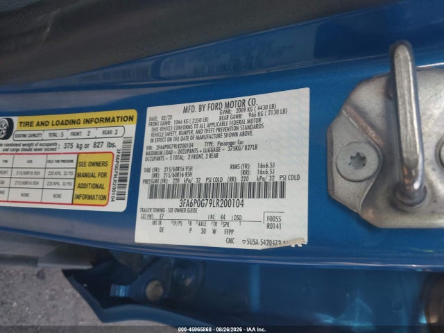 45965868 :رقم المزاد ، 3FA6P0G79LR200104 vin ، 2020 Ford Fusion S مزاد بيع