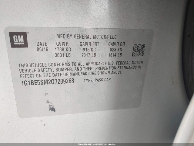 2016 Chevrolet Cruze Lt Auto მანქანა იყიდება აუქციონზე, vin: 1G1BE5SM2G7289268, აუქციონის ნომერი: 45965872