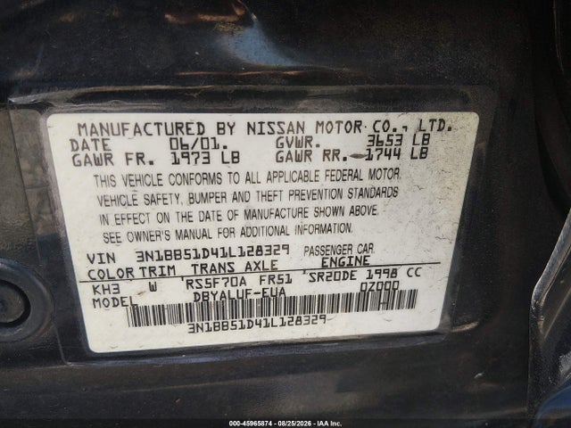 45965874 :رقم المزاد ، 3N1BB51D41L128329 vin ، 2001 Nissan Sentra Se مزاد بيع