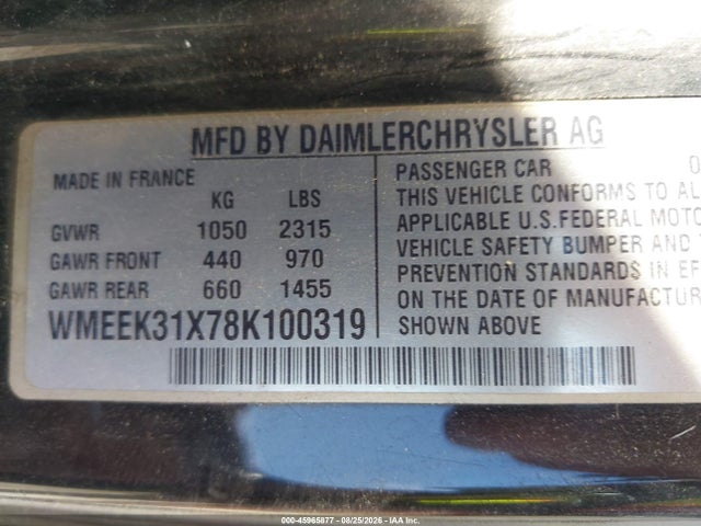 2008 Smart Fortwo Passion მანქანა იყიდება აუქციონზე, vin: WMEEK31X78K100319, აუქციონის ნომერი: 45965877