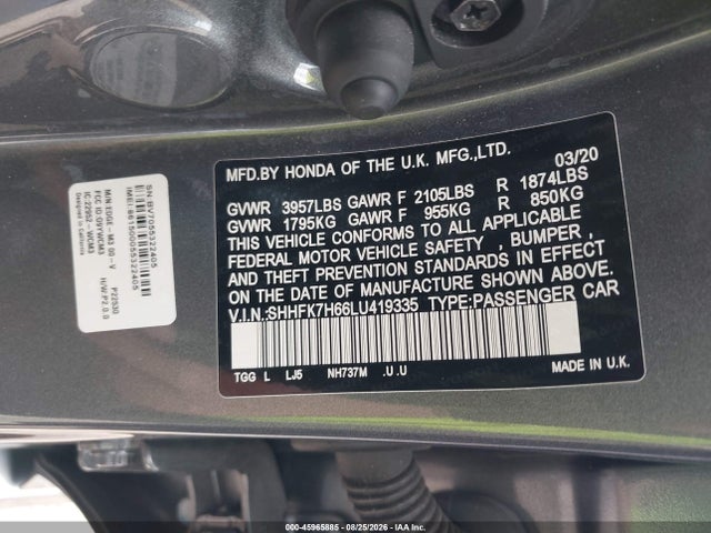 Aukcja sprzedaży 2020 Honda Civic Ex, vin: SHHFK7H66LU419335, numer aukcji: 45965885