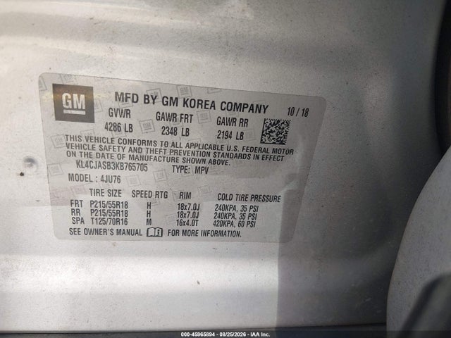 45965894 :رقم المزاد ، KL4CJASB3KB765705 vin ، 2019 Buick Encore Fwd Preferred مزاد بيع