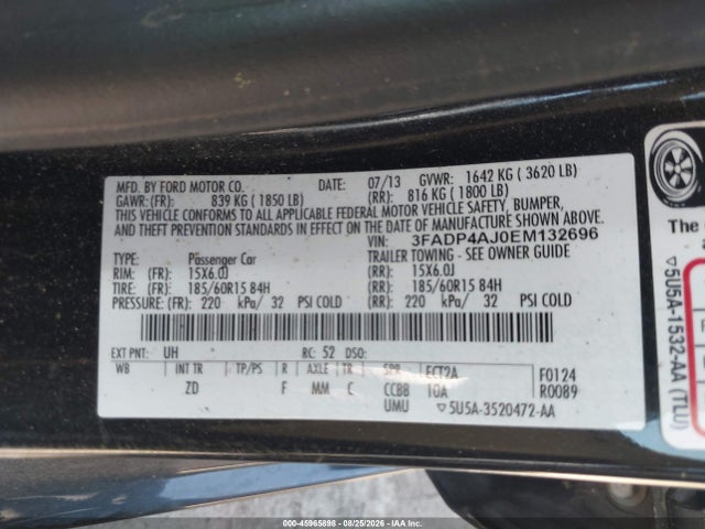 45965898 :رقم المزاد ، 3FADP4AJOEM132696 vin ، 2014 Ford Fiesta S مزاد بيع
