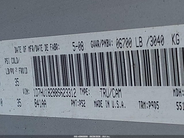 45965899 :رقم المزاد ، 1D7HU18288S623312 vin ، 2008 Dodge Ram 1500 Slt مزاد بيع