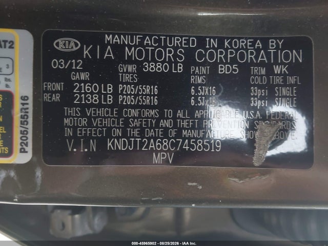 Aukcja sprzedaży 2012 Kia Soul +, vin: KNDJT2A68C7458519, numer aukcji: 45965902