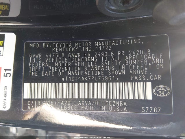 Продаж на аукціоні авто 2023 Toyota Camry Le, vin: 4T1C11AK7PU759615, номер лоту: 45965903