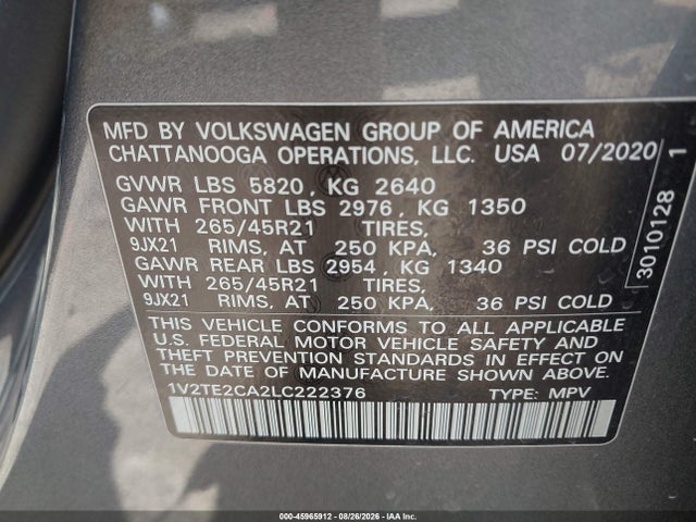 2020 Volkswagen Atlas Cross Sport 3.6l V6 Sel Premium R-line მანქანა იყიდება აუქციონზე, vin: 1V2TE2CA2LC222376, აუქციონის ნომერი: 45965912