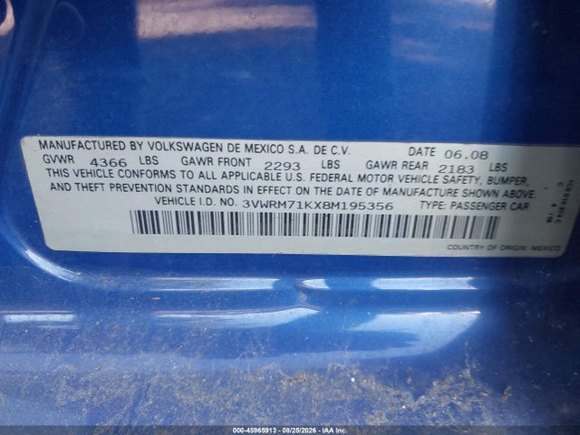 Продаж на аукціоні авто 2008 Volkswagen Jetta Se/sel, vin: 3VWRM71KX8M195356, номер лоту: 45965913